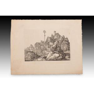 Saint Anthony Reading At A City Gate. Engraving. Dürer, Albert. Later Engraving...