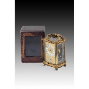 Travel Clock With Case. Metal, Glass, Leather, Etc. 19th Century.