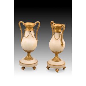 Pair Of Vases. Bronze, Marble. 19th Century.