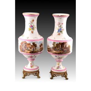 Pair Of Vases. Enameled Porcelain. 19th Century.