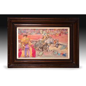 Bullfighting Scene. Oil On Canvas. Signed (lower Left). González Marcos, ángel