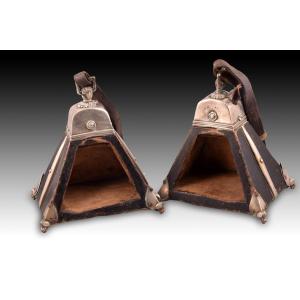 Pair Of Stirrups. Silver, Wood, Metal. South America, 19th Century.