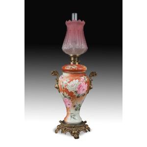 19th Century Glass, Gilt Bronze And Enameled Porcelain Gas Lamp