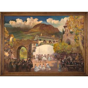 “andalusian Festival”, Oil On Board, Jean-louis Paguenaud (1876-1952).