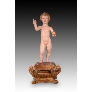 "the Child Jesus." Carved And Polychrome Wood. Spanish School, 17th Century.