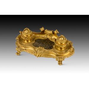 Louis XV Style Desk. Gilt Bronze, Stone. Possibly French School, 19th Century.