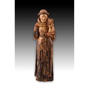 Saint Anthony With The Infant Jesus. Wood. School Of Mechelen, 16th Century.  