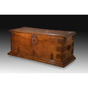 Chest In Walnut Wood With Wrought Iron Fittings, 17th Century.  