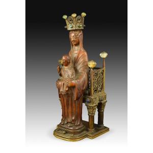 Virgin And Child Enthroned. Boxwood, Bronze, And Sculpted Rock Crystal. 19th Century.  