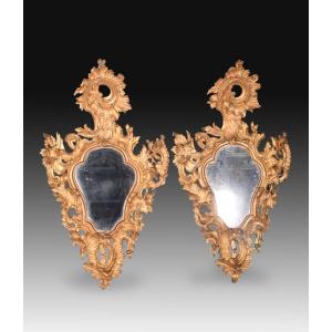 Pair Of Cornucopias. Carved And Gilded Wood. 18th Century.  