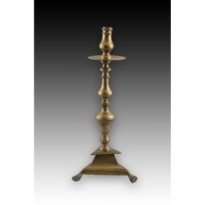 Candlestick With Triangular Base. Bronze. Spain, 18th Century. 