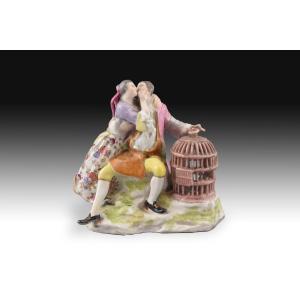 Courtiers And Cage. Glazed Porcelain. Johann Joachim Model. Circa 1800 