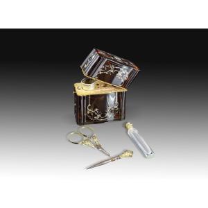 Toilet Box. 19th Century. Tortoiseshell, Metal, Glass.