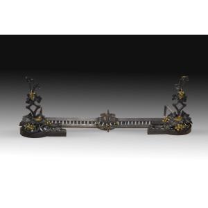 Pair Of Andirons. Blued And Gilded Bronze, Iron. 19th Century. 