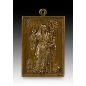  Devotional Plaque, Saint Benedict Of Nursia. Bronze. Spanish School, 17th Century.  