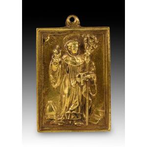 Devotional Plaque, Saint Benedict Of Nursia. Bronze. Spanish School, 17th Century.  