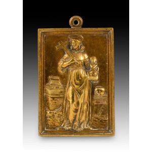 Devotional Plaque, Saint Anthony Of Padua. Bronze. Spanish School, 17th Century. 
