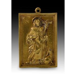  Devotional Plaque, Saint Dominic De Guzmán. Bronze. Spanish School, 17th-18th Centuries. 