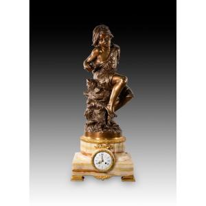 Clock With Sculpture. Bronze, Stone. Coupier Fila Et Provart, Paris, France, Late 19th Century.