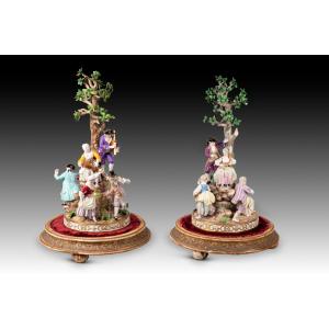 Pair Of Centerpieces. Glazed Porcelain, Wood, Textile, Etc. Meissen, Germany, C. 19th Century
