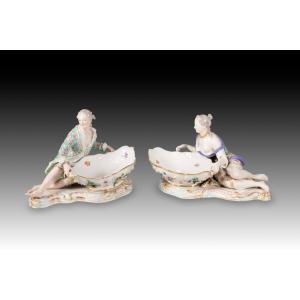  Pair Of Figural Jam Trays. Glazed Porcelain. Meissen, Late 19th Century. 