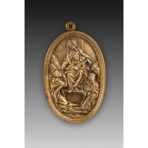  Votive Plaque, Virgin Of The Rosary And Saints. Bronze. 17th-18th Centuries. 