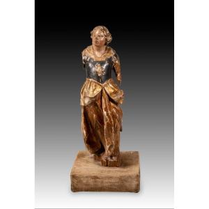  Angel, Archangel Or Saint, On A Base. Carved And Polychrome Wood, Textile, Etc. 