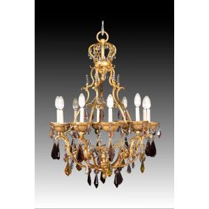  Ceiling Light Or Chandelier. Bronze, Glass. 20th Century.  