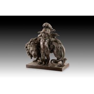 Cupid And The Lion. Bronze. Ferville-suan, Charles Georges (france, 1847-1925). 