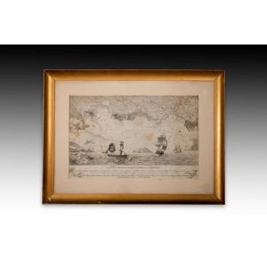 Maritime View. Framed Engraving. Spanish School, 1838.  