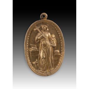 Devotional Plaque, Saint Anthony Of Padua. Bronze. Spanish School, 17th Century.