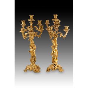 Pair Of Candlesticks. Gilt Bronze. 19th Century, After French Models.