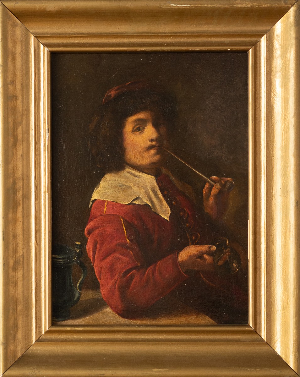 Dipinto olio su tela raffigurante uomo che fuma una pipa - XIX secolo