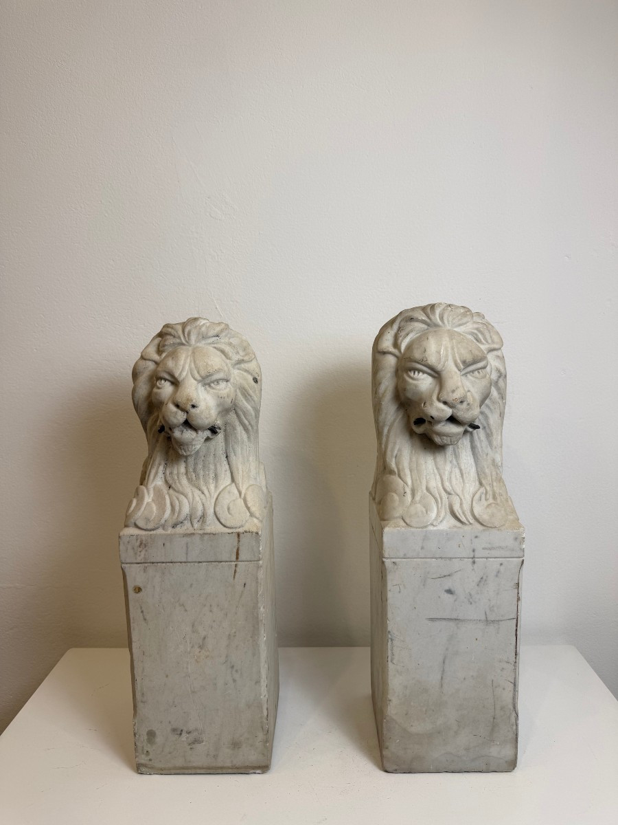 Coppia di leoni fiorentini in marmo bianco di Carrara - fine XIX secolo -photo-3