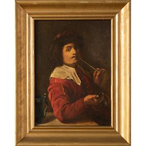 Dipinto olio su tela raffigurante uomo che fuma una pipa - XIX secolo