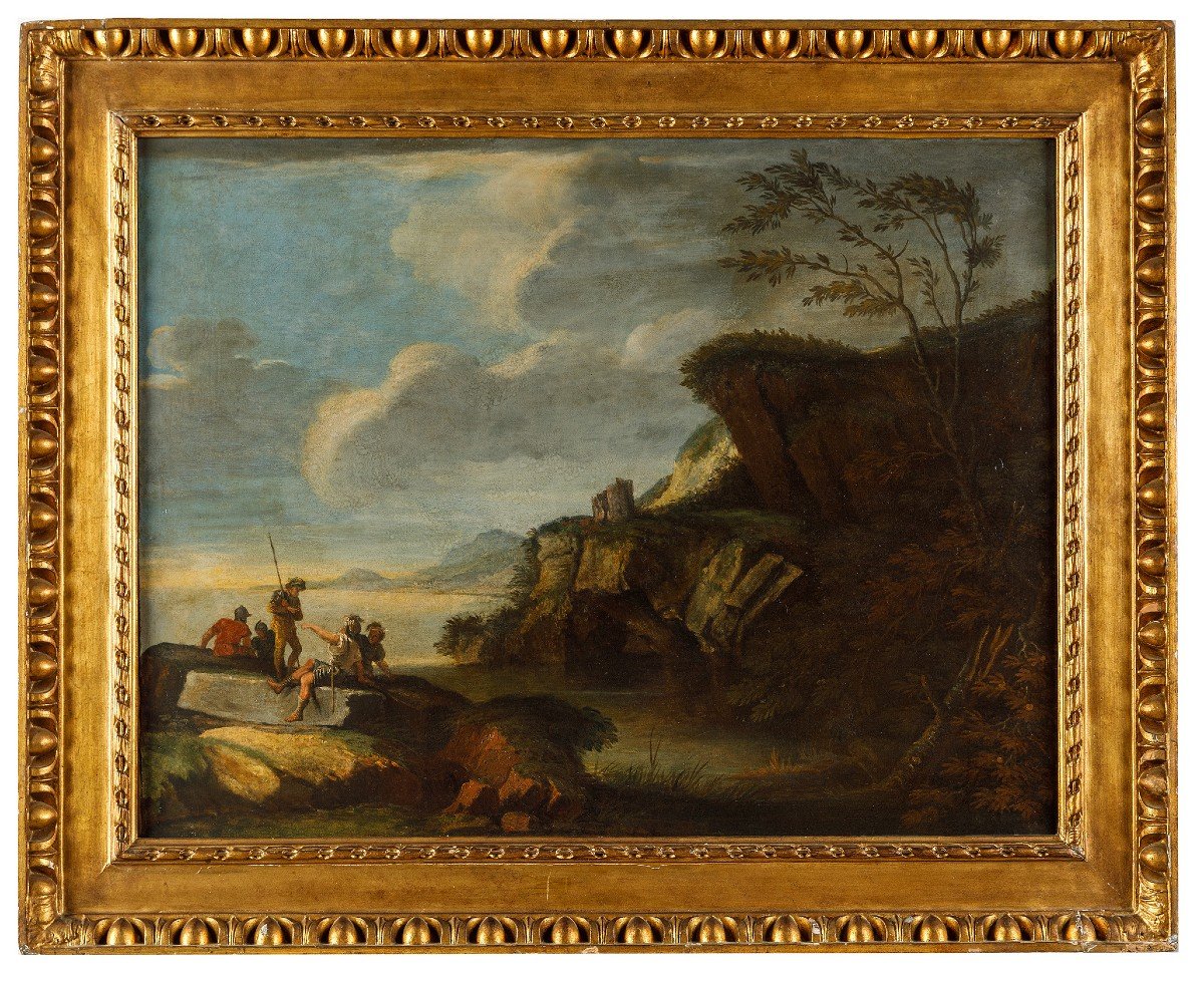 Salvator Rosa (seguace di), Paesaggio costiero con armigeri a riposo