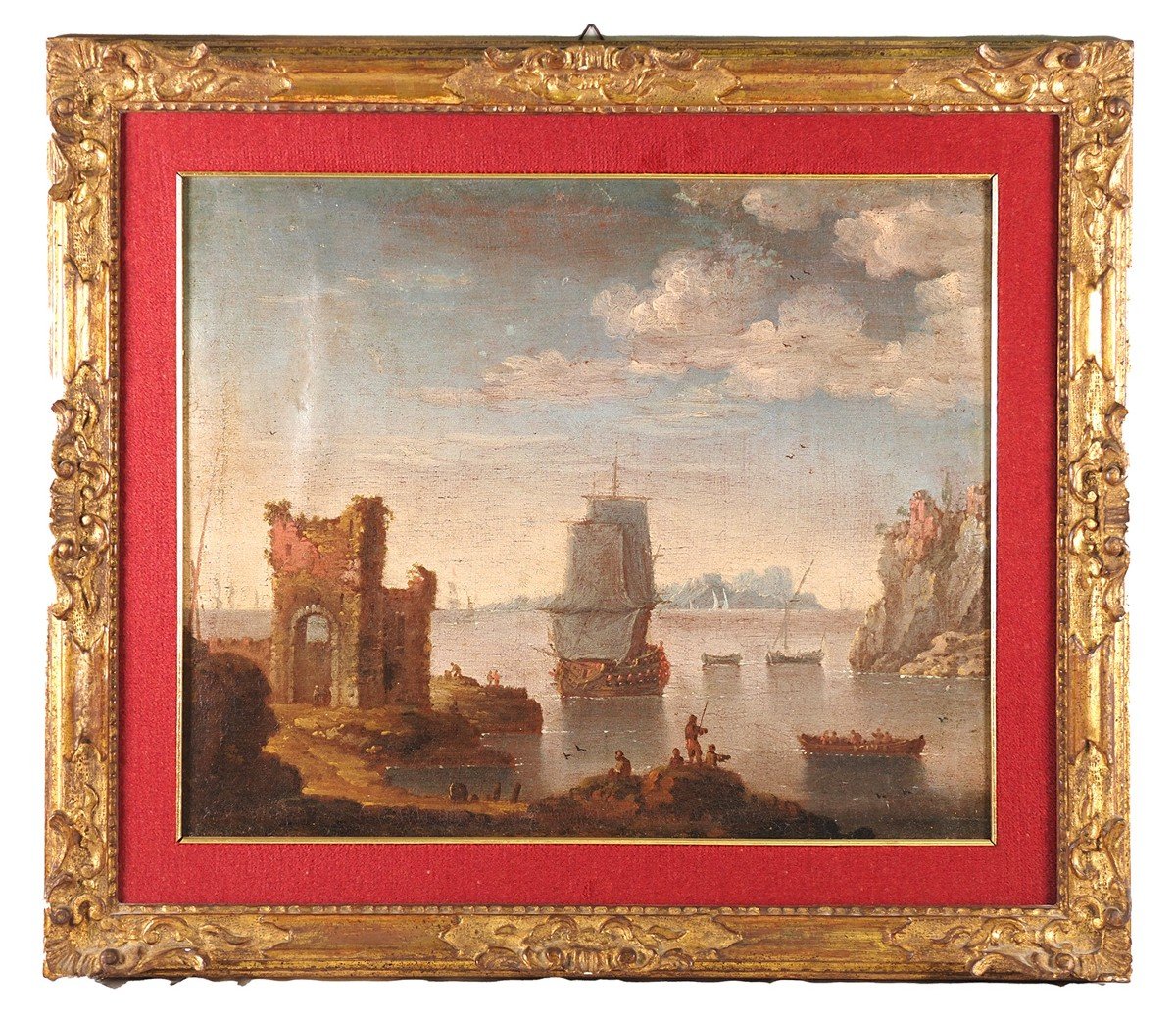 Johann Anton Eismann (attr.), Coppia di marine con figure e rovine, olio su tela-photo-2