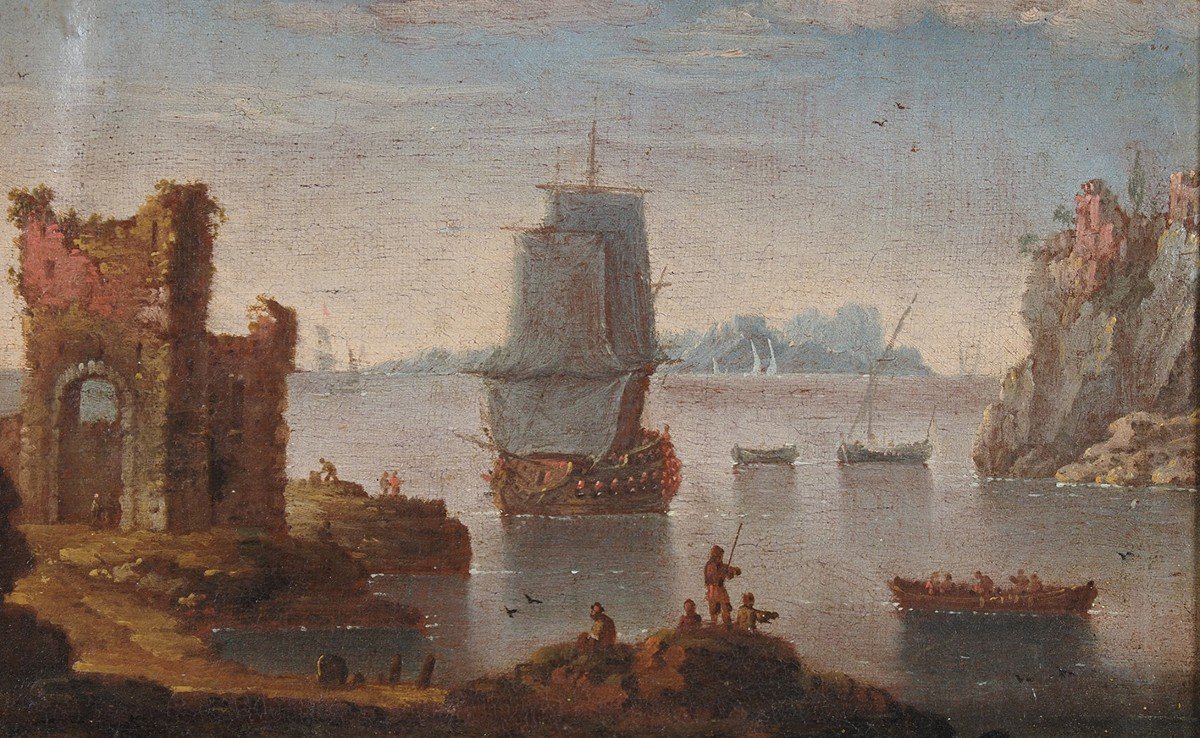 Johann Anton Eismann (attr.), Coppia di marine con figure e rovine, olio su tela-photo-4