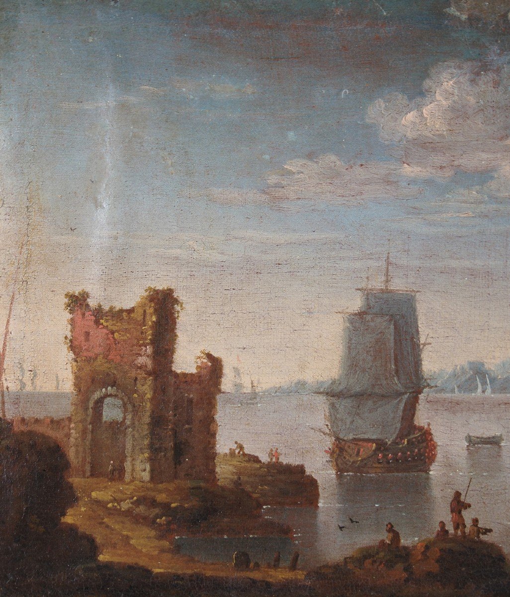 Johann Anton Eismann (attr.), Coppia di marine con figure e rovine, olio su tela-photo-1