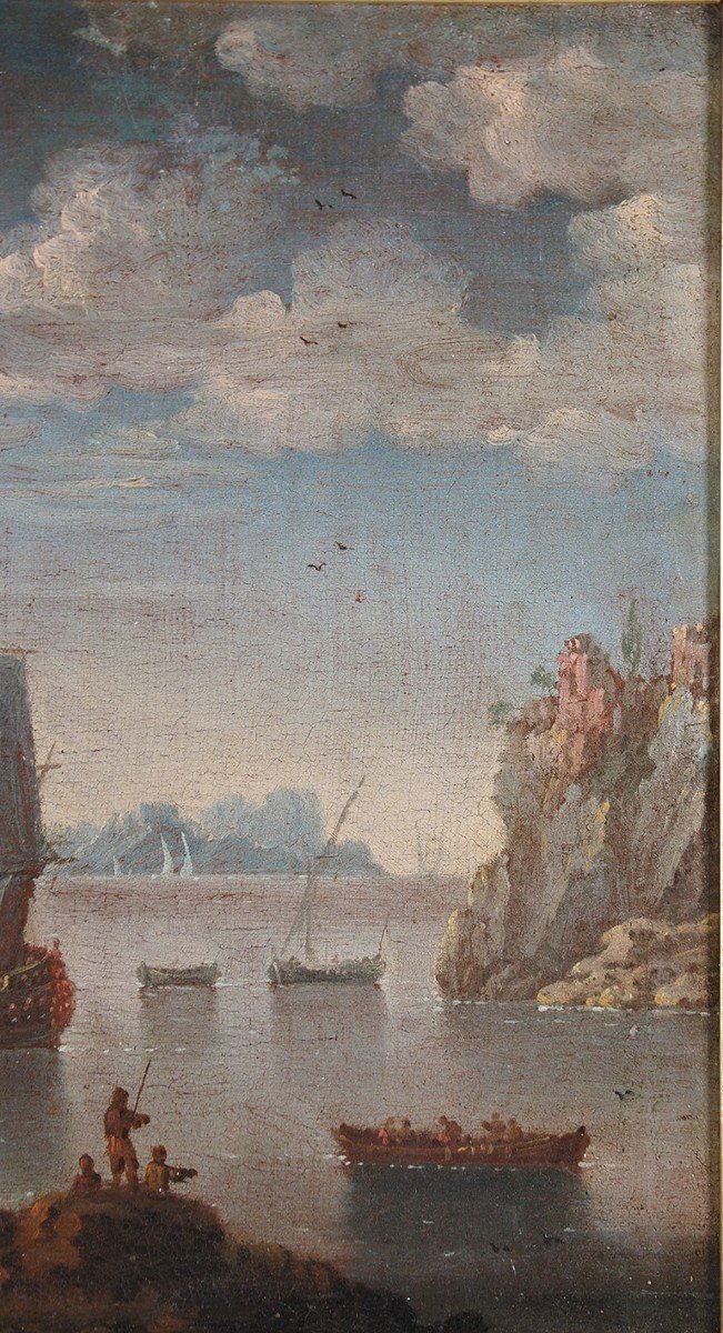 Johann Anton Eismann (attr.), Coppia di marine con figure e rovine, olio su tela-photo-2