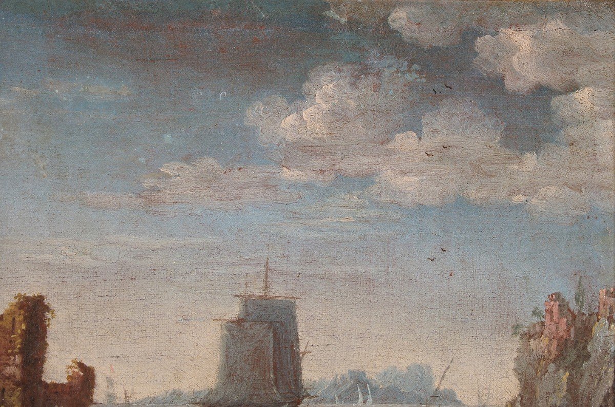 Johann Anton Eismann (attr.), Coppia di marine con figure e rovine, olio su tela-photo-3