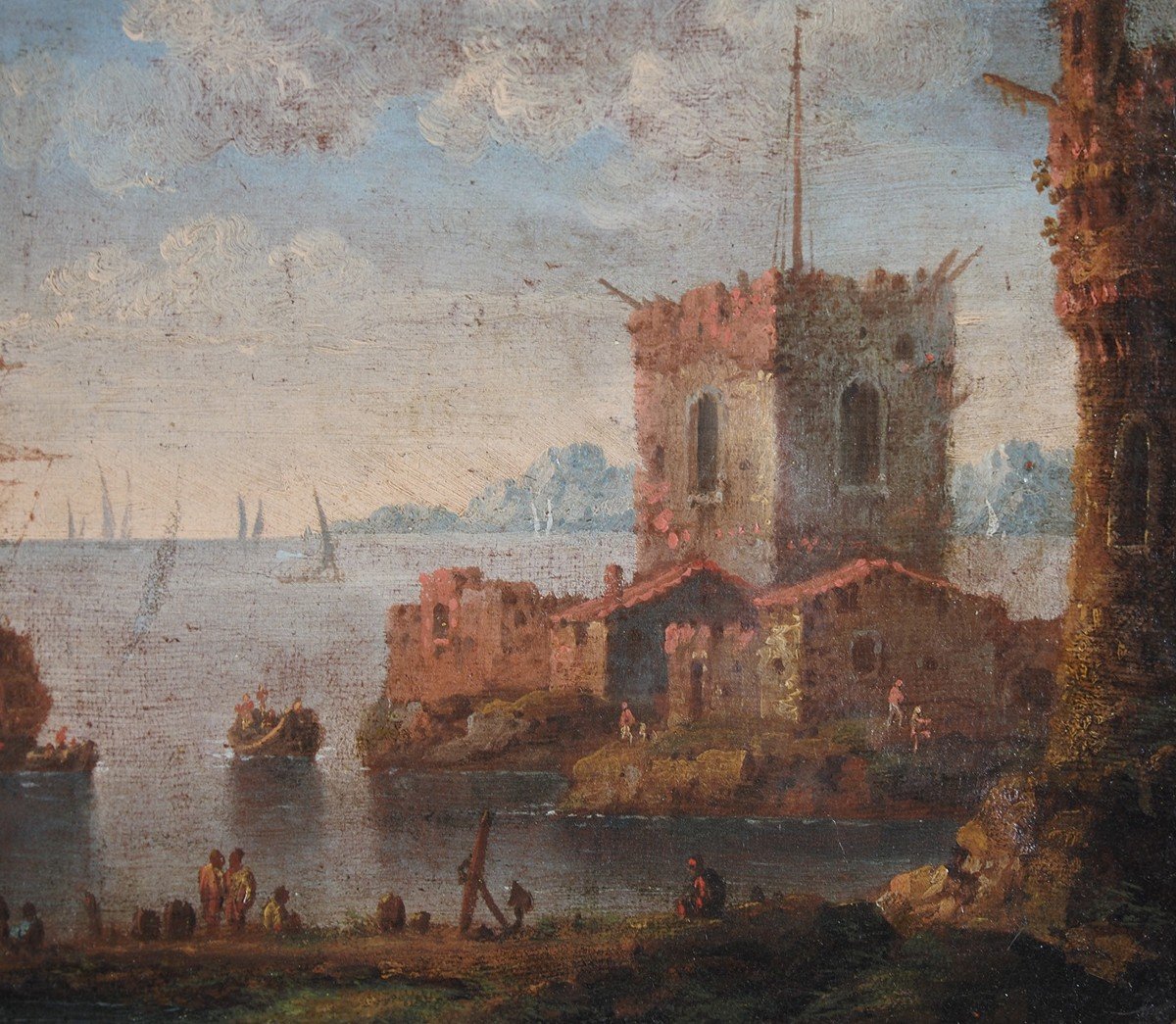 Johann Anton Eismann (attr.), Coppia di marine con figure e rovine, olio su tela-photo-5