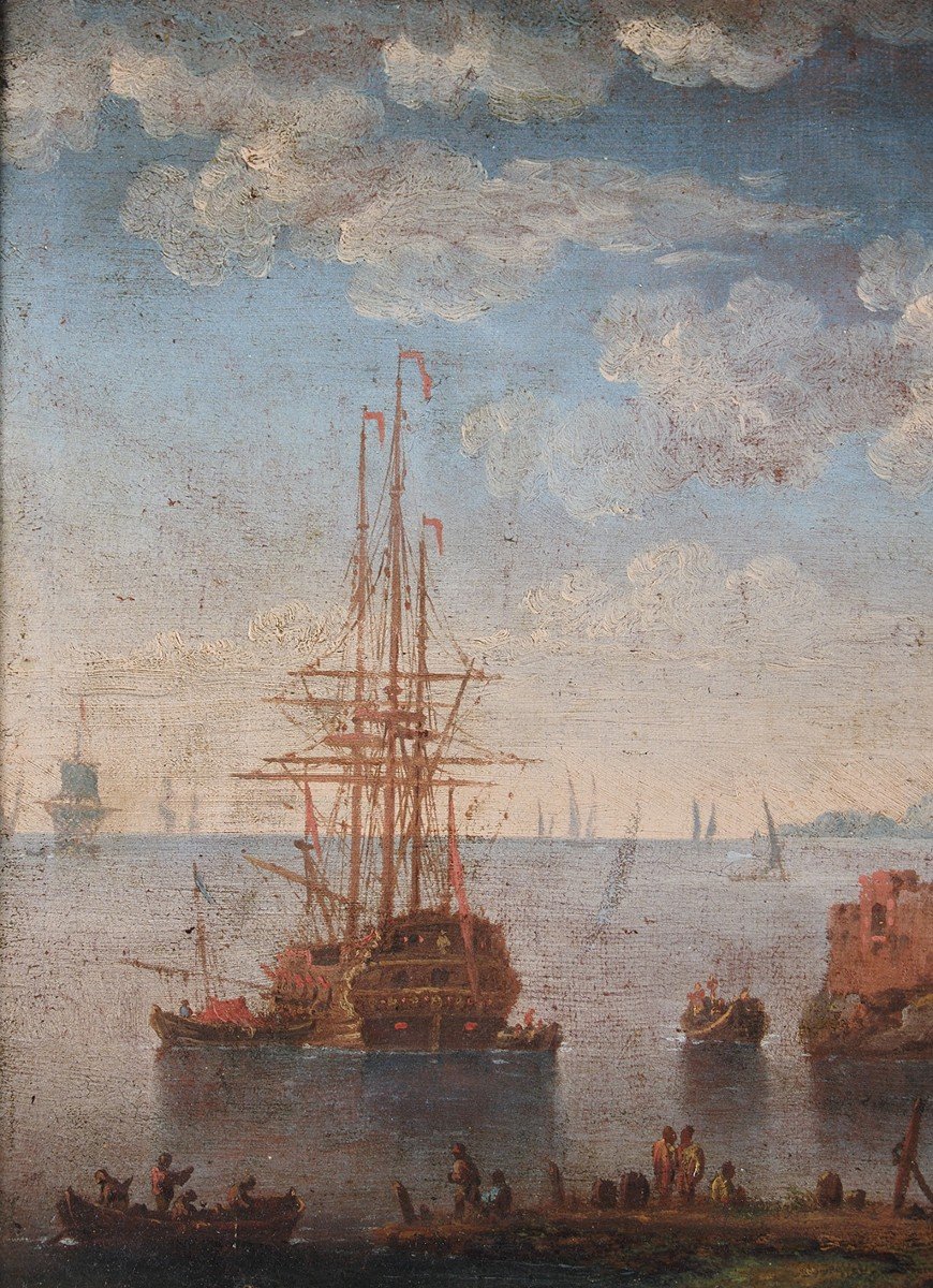 Johann Anton Eismann (attr.), Coppia di marine con figure e rovine, olio su tela-photo-6