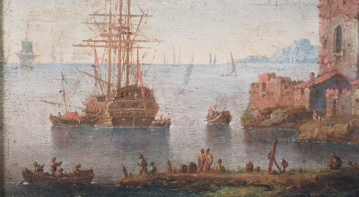 Johann Anton Eismann (attr.), Coppia di marine con figure e rovine, olio su tela-photo-7