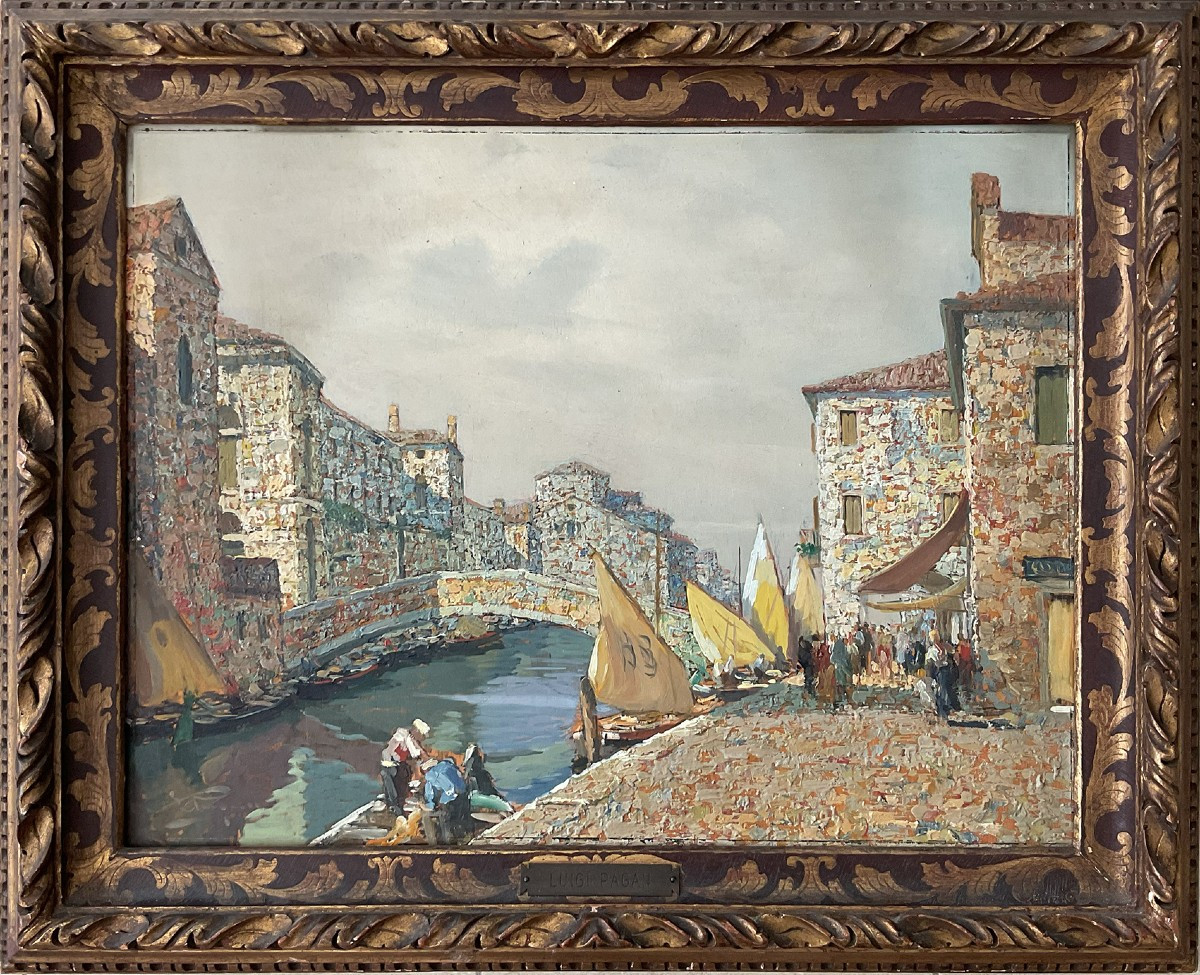 Luigi Pagan, Veduta di Chioggia, 1939. Olio su tavola