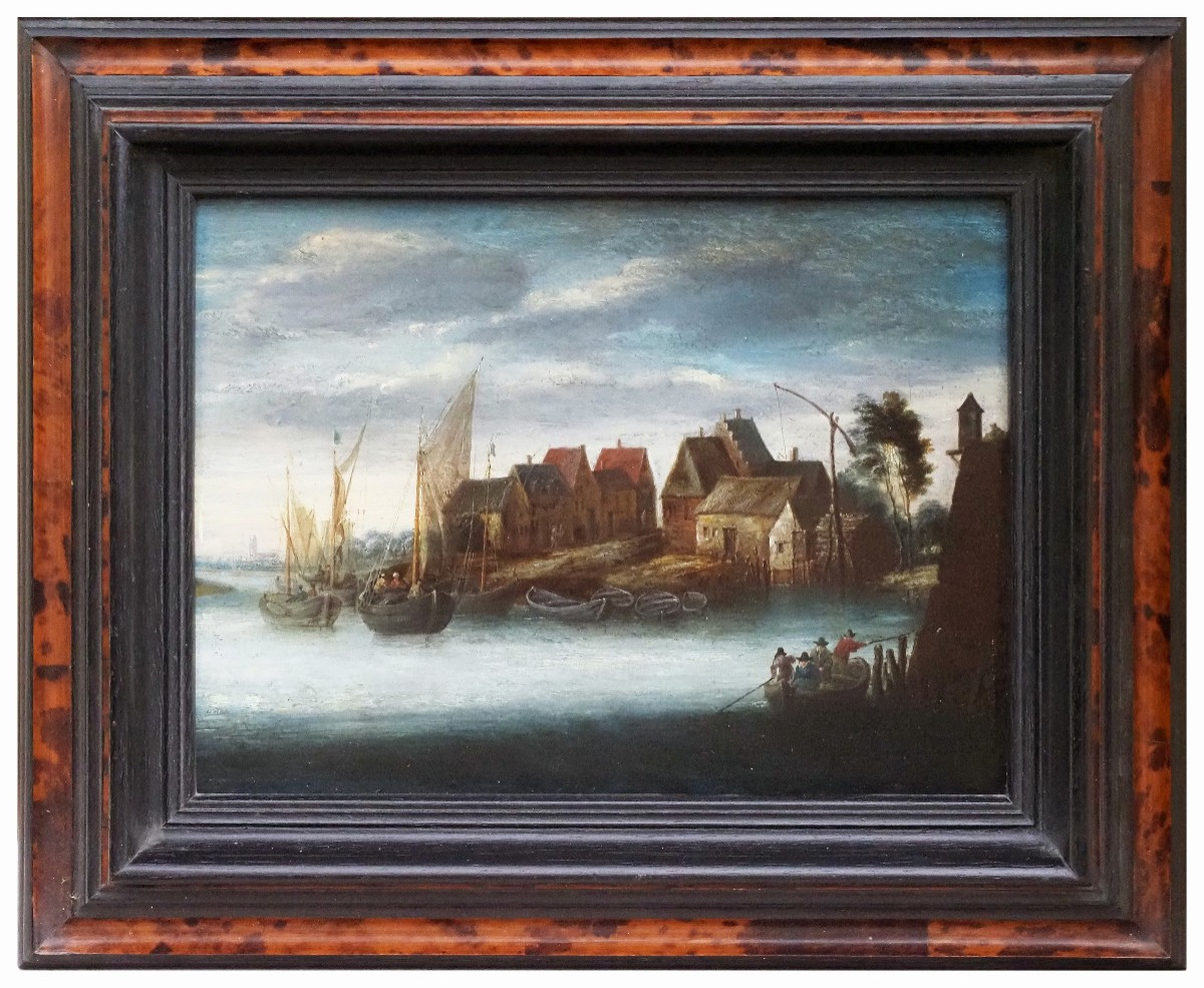 Cerchia di Peeter Bonaventura, Paesaggio fluviale con borgo e imbarcazioni. Olio su tavola
