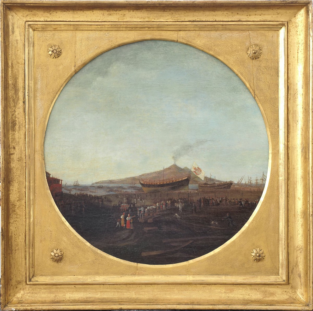 Jacob Philipp Hackert (seguace di), Veduta del cantiere di Castellammare col varo del vascello 