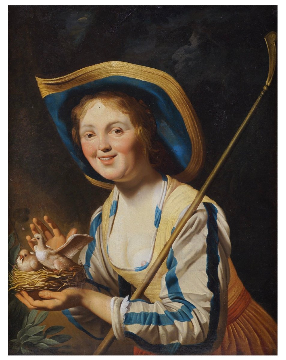 Gerrit Van Honthorst (seguace di), Pastorella con nido di uccelli, Olio su tela-photo-3