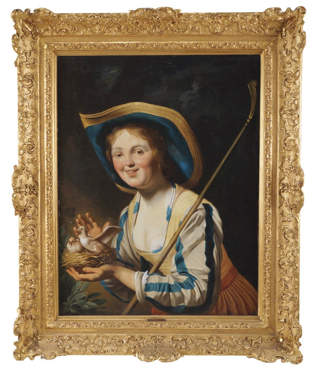 Gerrit Van Honthorst (seguace di), Pastorella con nido di uccelli, Olio su tela