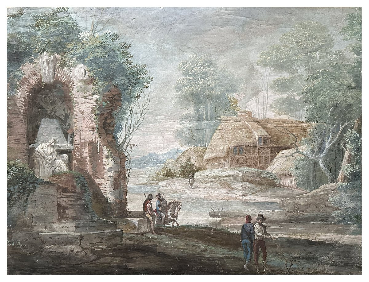 Francesco Zuccarelli (attribuito), Paesaggio con figure, rovine e capanna rustica, tempera-photo-2